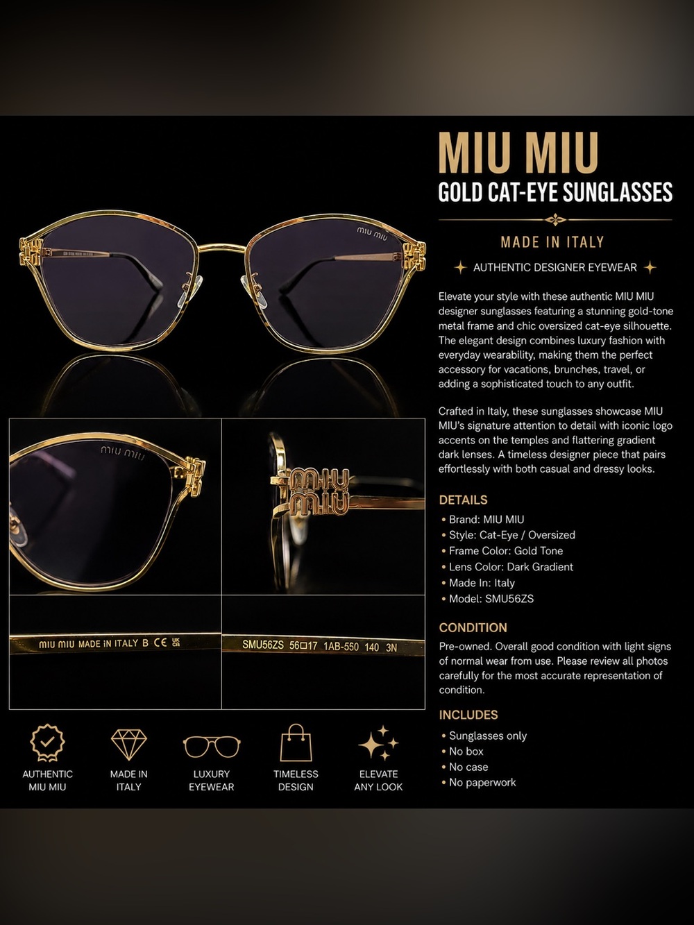 Miu Miu Gold-Tone Cat-Eye Sunglasses with Dark Gradient Lenses